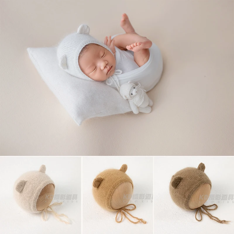 

Newborn Knit Hat + Teddy Bear Doll 2pcs/set Photography Props Knit Handmade Teddy Bear Baby Stuffer Animal Toy Studio Photo Prop