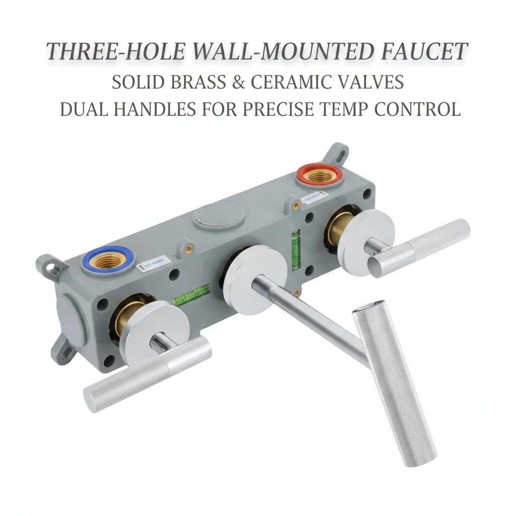 Wall Mount Bathroom Faucet, 3-Hole Wall Faucet with 2 Handles, Chrome Brass Construction, Ceramic Valve Core, ABS Honeycomb Bubbler, NPT1/2