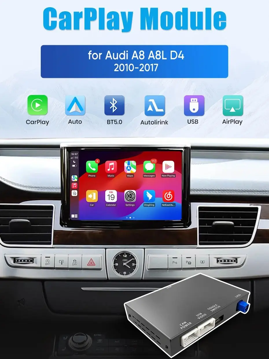 Junsun Wireless CarPlay Android Auto Interface Adapter für Audi A8 2010-2017 Bluetooth AirPlay Mirrorlink Car Play Funktionen unterstützen OEM / Aftermarket Rückfahrkamera GPS-Navigation