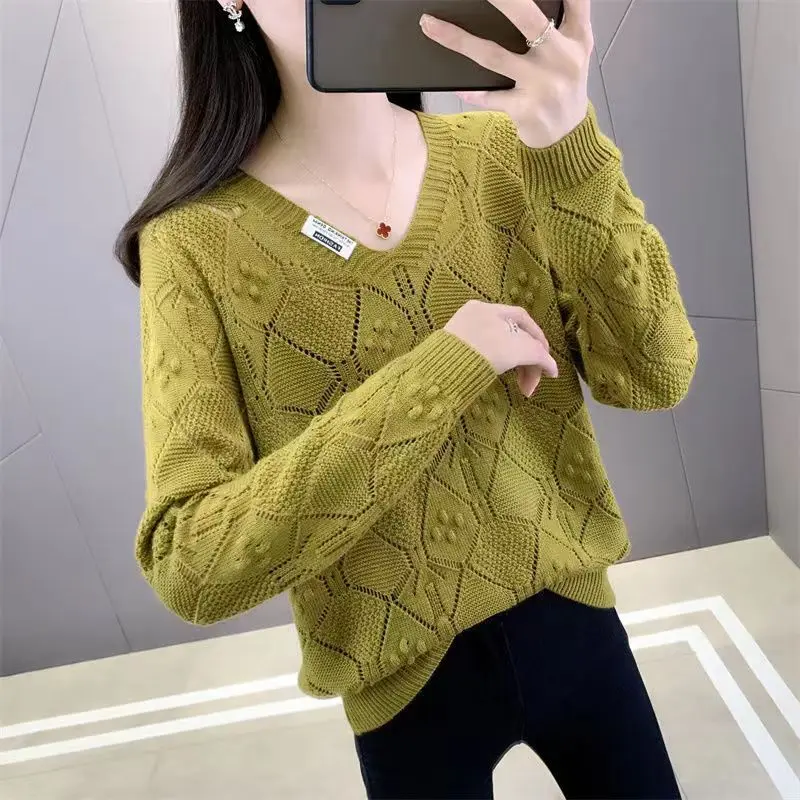 Spring Autumn Women\'s Clothing Pullover Solid Color Hook Flower Hollow Lantern Long Sleeve V-Neck Sweater Knitted Casual Tops