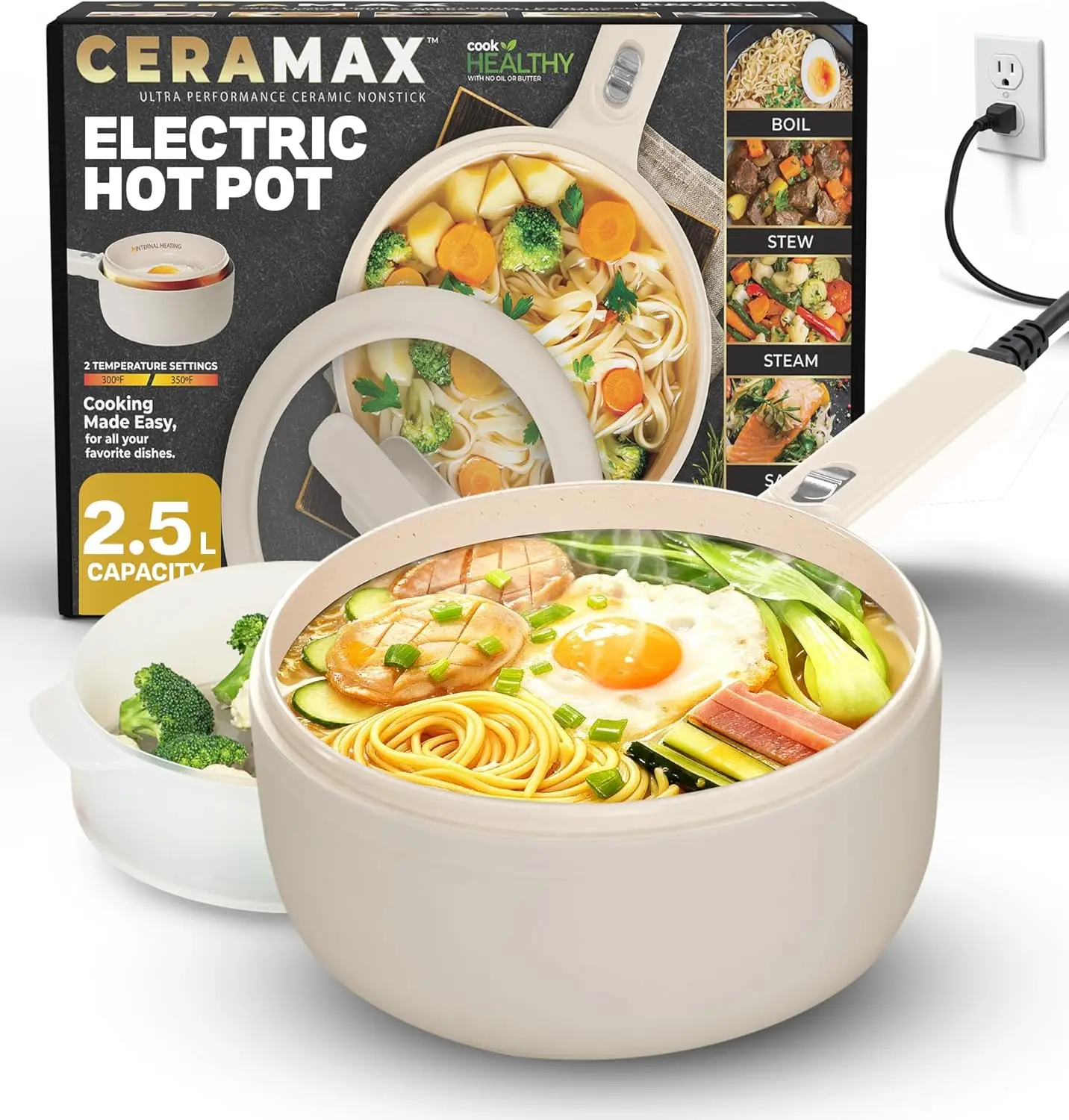 

2.5L Electric Hot Pot with Lid & Steamer, Ceramic Cooker for Ramen, Eggs, Pasta - Adjustable Temp, Ideal for Dorms, Camping