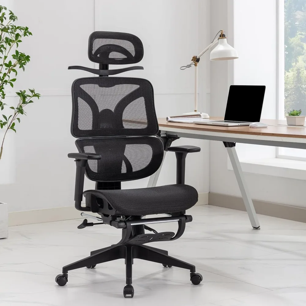 回転式人間工学に基づいたハイバックメッシュオフィスチェア、格納式フットレスト、調節可能な背もたれ、チルト機能、3Dアームレスト、ヘッド付き