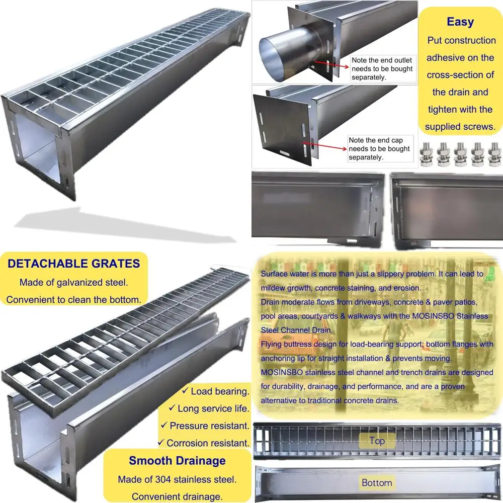 تصريف قناة من الفولاذ المقاوم للصدأ مع شبكة فولاذية مجلفنة، 39.4 × 5.9 × 5.5 بوصة، طقم لـ 3 أنابيب، شديدة التحمل، نظام تصريف B125