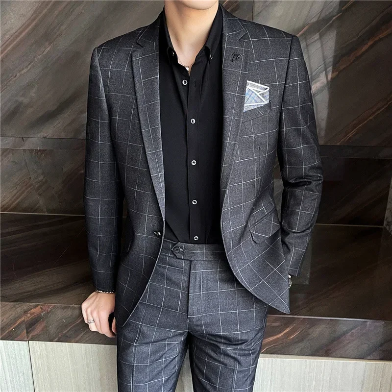 Wedding Suit for Men Plaid Slim Men\'s Two-piece Set Business Formal Korean Blazer Pants Groom Dress Party Costume Homme