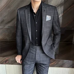 Traje de boda a cuadros para hombre, conjunto de dos piezas, Blazer coreano Formal de negocios, pantalones, vestido de novio, disfraz de fiesta