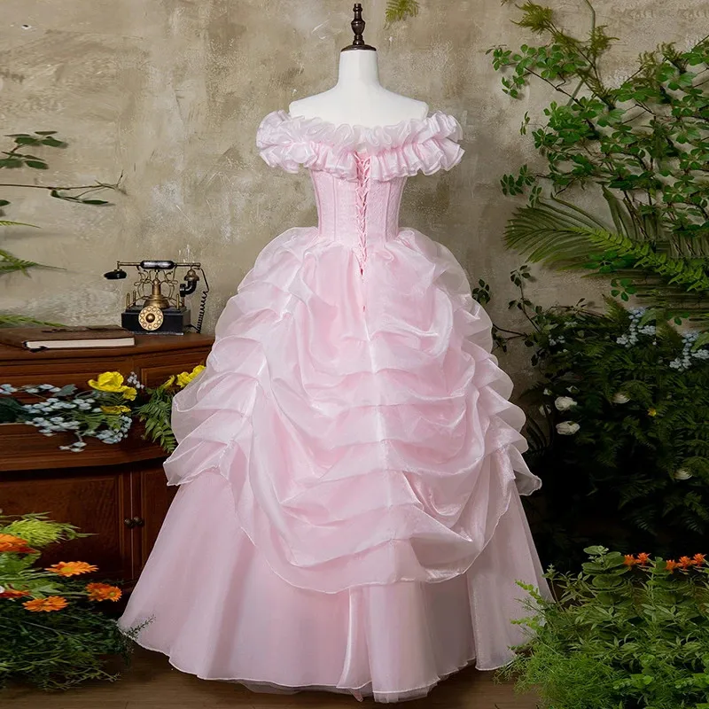Vintage Princess Wedding Dress Pink Flower Lace Bead Bow Party Ball Gown