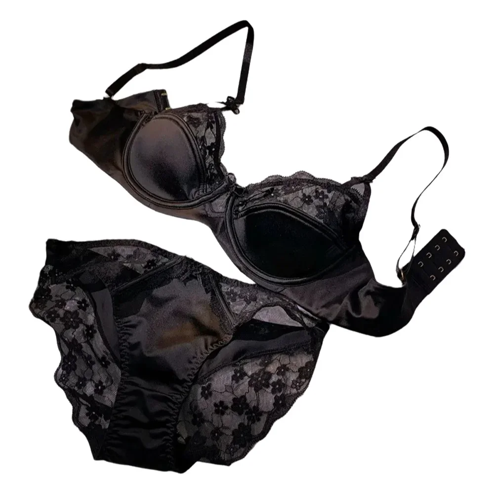 KUCLUT Floral Bra Set Thin Section Breathable Small Breasts Gathered Collect Side Breasts Glossy Solid Color Underwear Set