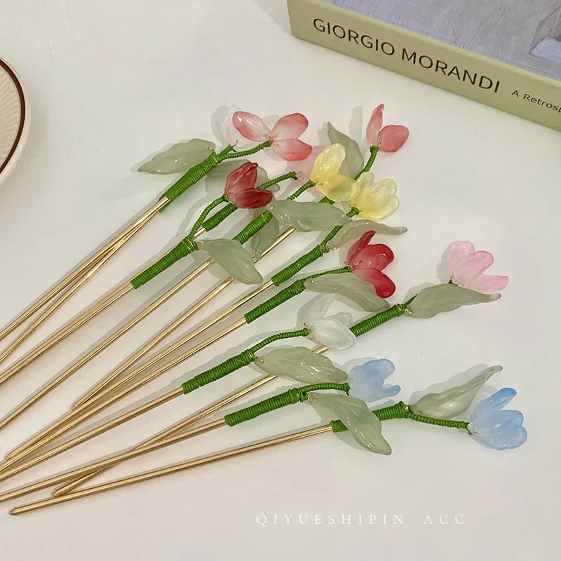 Vintage Chinese Style Hairpins Hair Stick for Women Metal Glaze Hair Fork Flower Plant Hair Chopsticks Jewelry Hair Clip