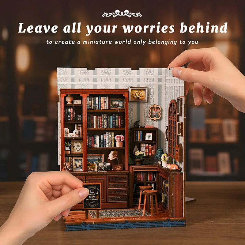 

OUZEY 3D Wooden Book Nook DIY Kit - “Cozy Reading Nook” with LED Light, Miniature House Shelf Decor & Gift