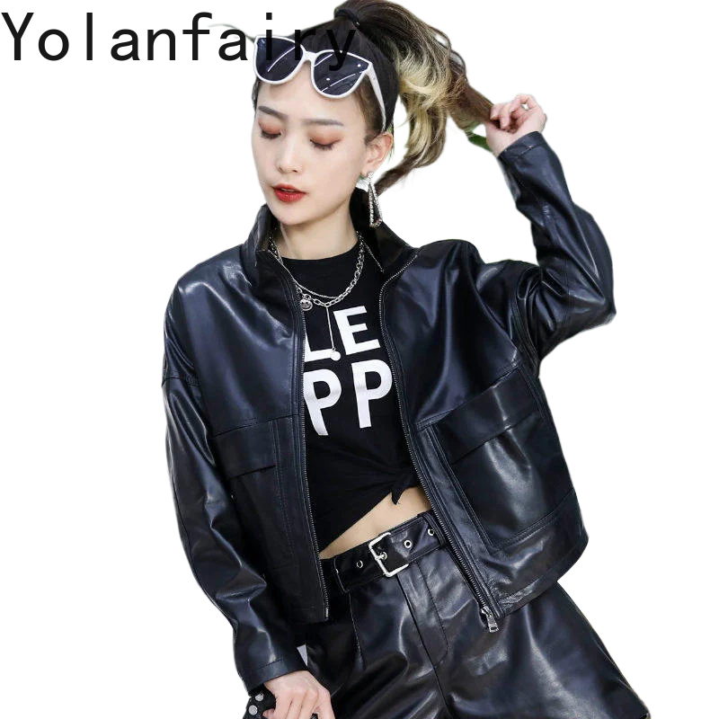 

YOLANFAIRY Women Genuine Sheepskin Short Coat 2026 Fall Stand Collar Large Pockets Korean Style Long Sleeve Real Leather Jacket