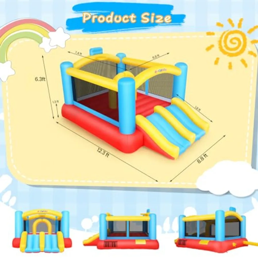 12フィートx8.8フィートの屋外用バウンスハウス用デュアルレーンバウンスハウススライドコンボ、デュアルレーン障害物アーチ付きインフレータブルバウンスハウス