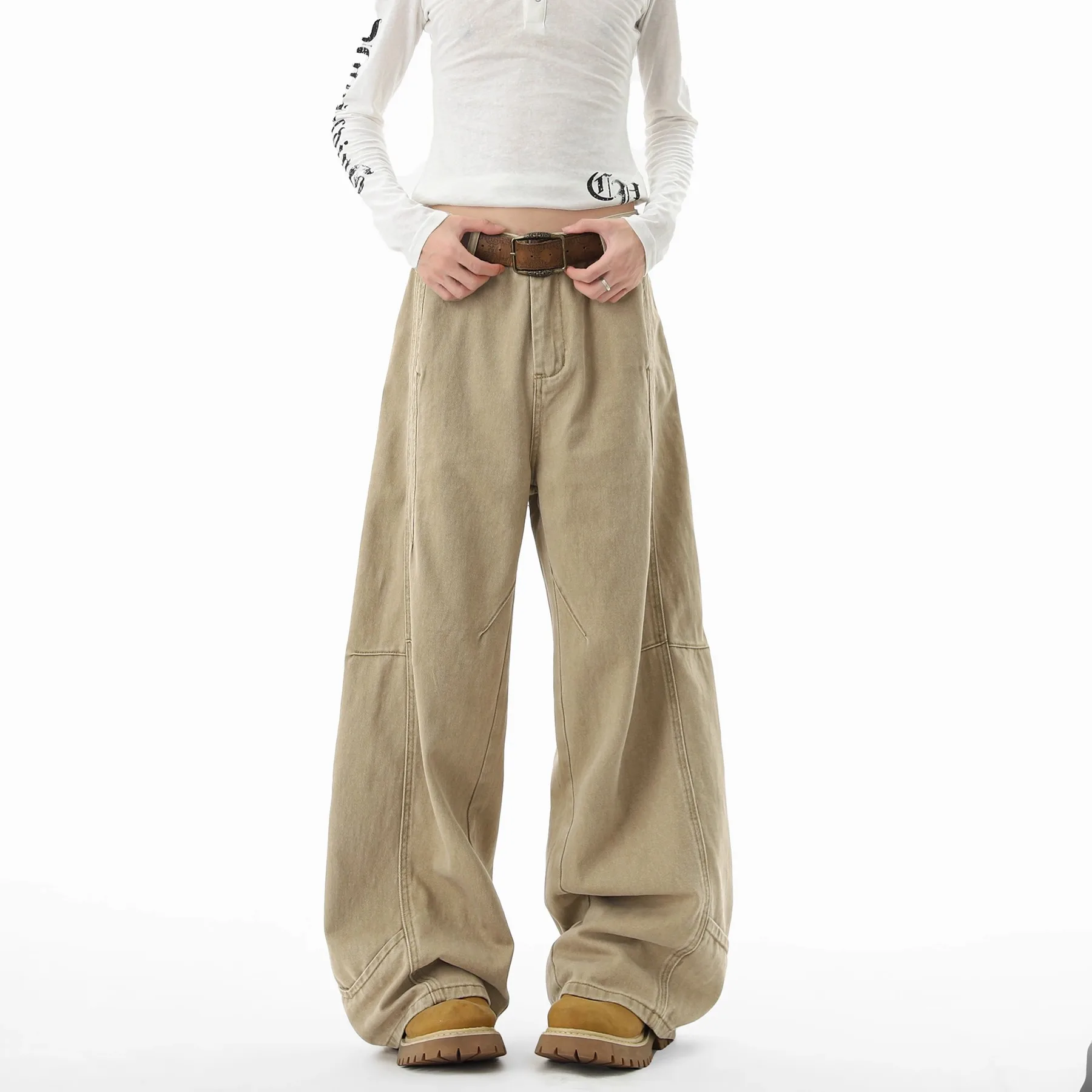 Retro American Beige Denim Jeans for Women Streetwear Baggy High Waisted Jeans Vintage Cargo Pants