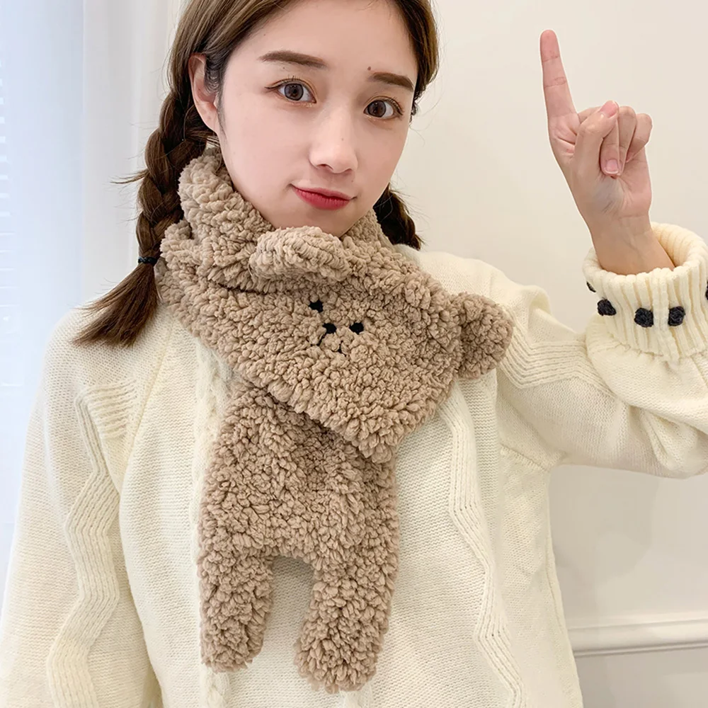 New Cashmere Ear Bear Scarf Winter Lamb Plush Warm Snood Cute Cartoon Korean Women Soild Color Scarves Girl Christmas Gifts