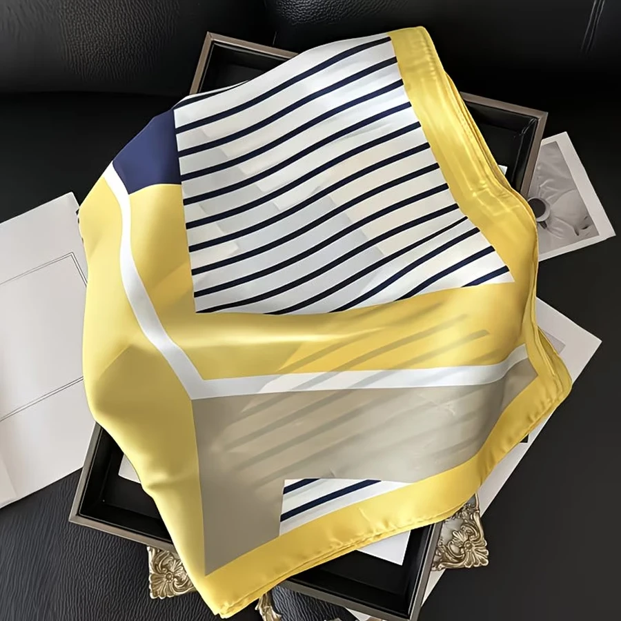 1 Piece of Elegant Navy Blue, White, and Yellow Striped Square Scarf - Breathable Polyester Material, Very Suitable for Use as a Headband, Shawl, and Hair Accessory, Stylish Tie Design, Casual Weekend image 2
