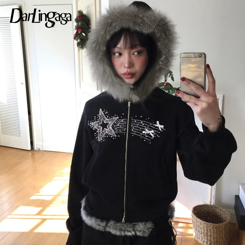 Darlingaga Streetwear Star Rhinestone Autumn Winter Jacket Women Faux Fur Trim Collar Gothic Zipper Up Coat Harajuku Outwear New