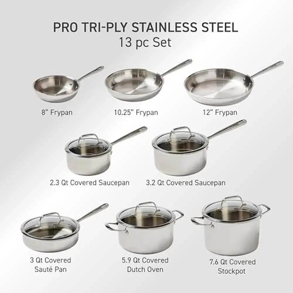 Pro Tri-Ply Stainless Steel Cookware Set 13 Piece Induction Oven 500F Fast Heat Glass Lids Mirror-Finish Handles Easy Read Marks