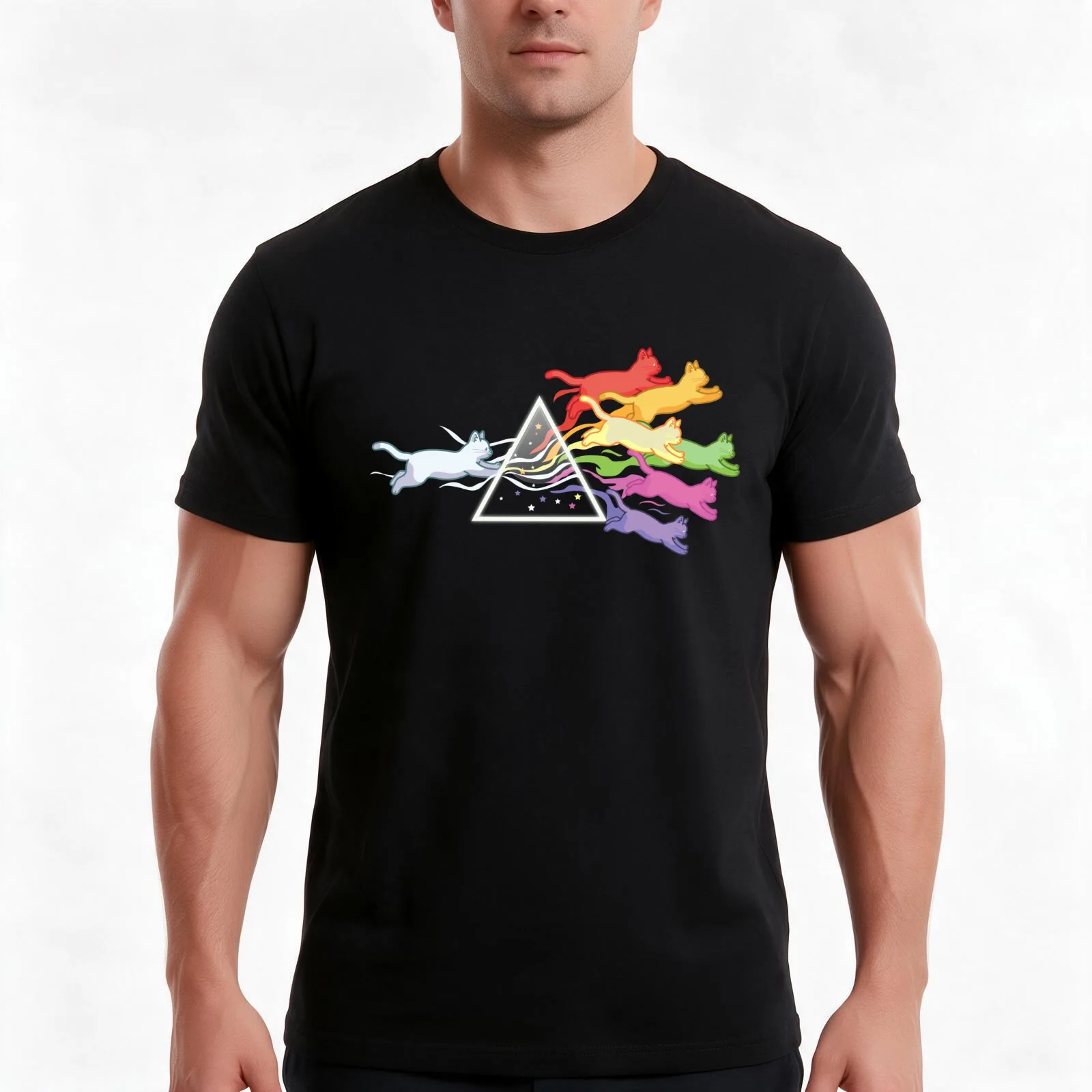 Cat Prism Rainbow Light Funny Physics Science Spectral Cat T-Shirt, Summer Casual Cotton Tee, Oversized Streetwear Tops