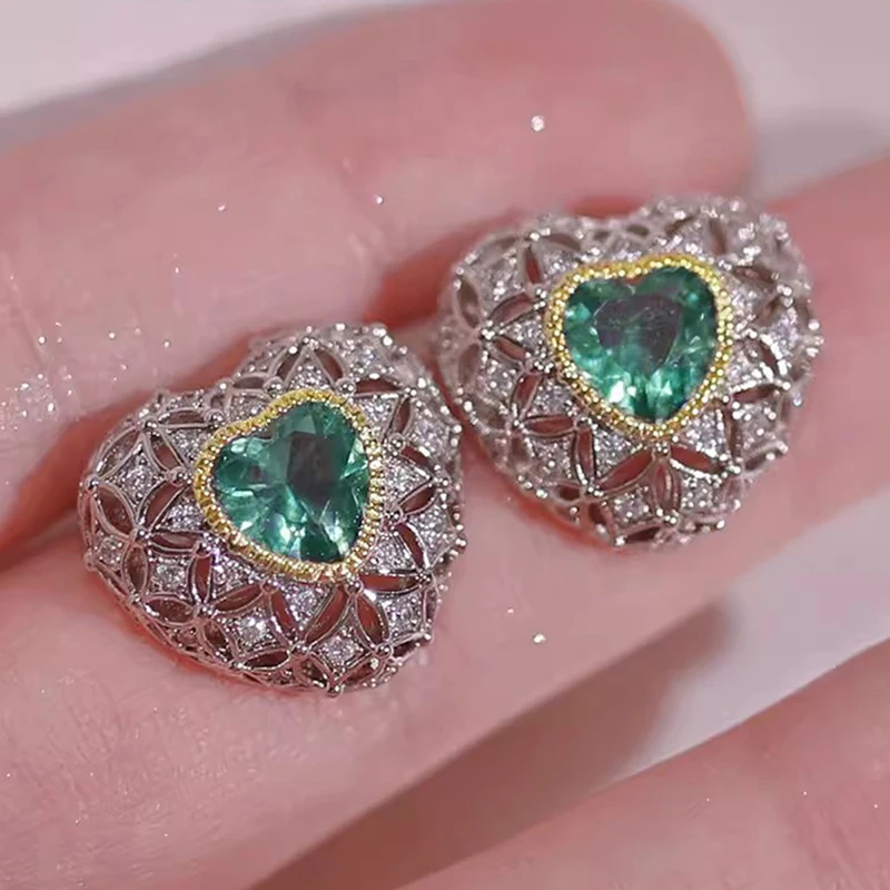 Huitan Gorgeous Heart Green CZ Stud Earrings for Women New Temperament Sweet Female Wedding Earrings Two Tone Trendy Jewelry