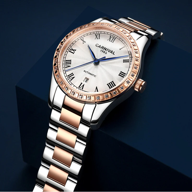 CARNIVAL Brand Mechanical Watch for Women Ladies Luxury Automatic Movement Wristwatches Waterproof Rose Gold Silver Reloj Mujer