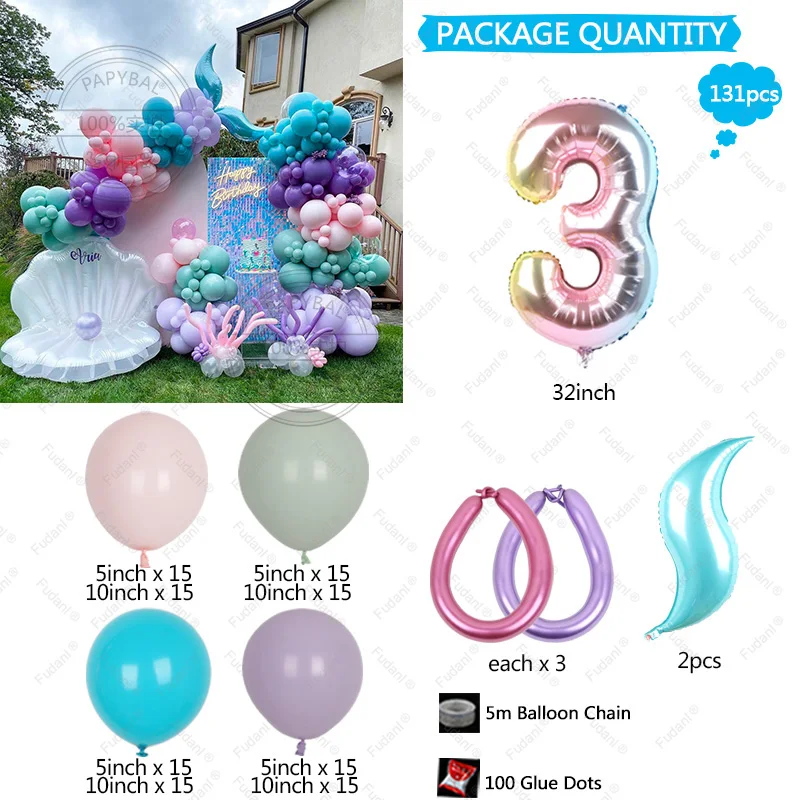 131pcs Ocean Theme Mermaid Tails Balloons Garland Arch Kit For Kids Birthday Age 1-9 Baby Shower Birthday Party Decors Air Globo