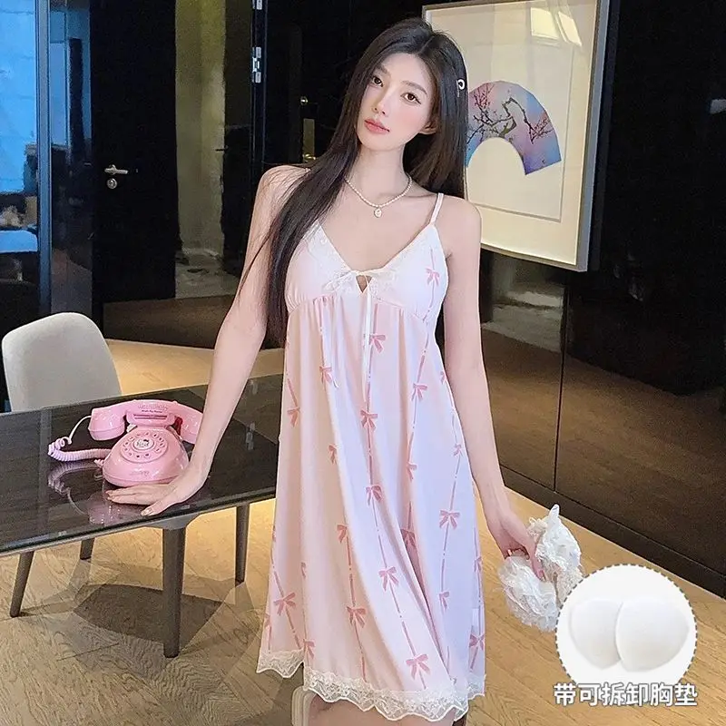 

Летняя сексуальная кружевная ночная сорочка из ледяного шелка и атласа на тонких бретельках для женщин, милая пижама, ночное платье, ночнушка 2026