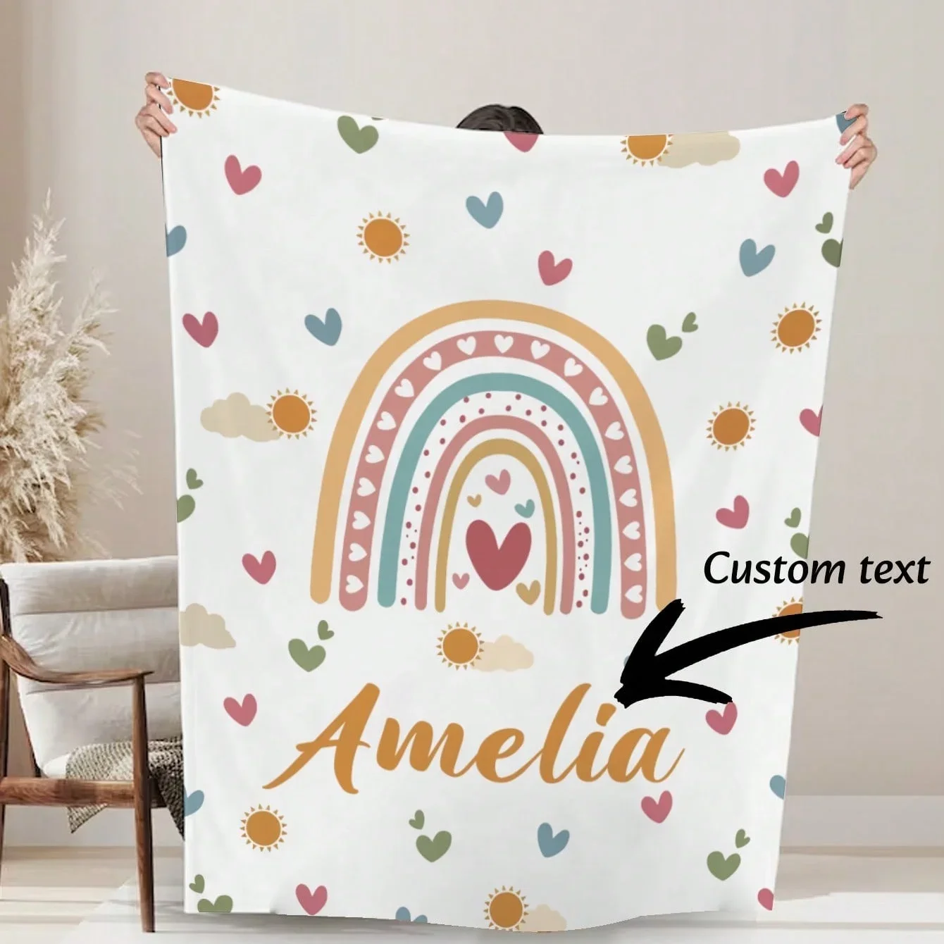 Regenbogen-Kinderspaß, personalisierte Flanelldecke, individueller Name, hautfreundliche Bettdecke für Mädchen und Kinder – einzigartige Geschenkdecke