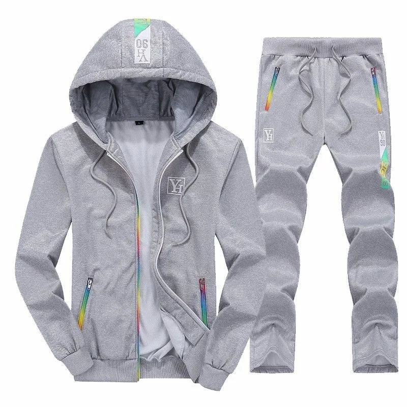 Men Korean Style Casual Tracksuit Zip Up Hooded Sweatshirt And Pants Set Trendy Daily Sports Two Piece Outfit