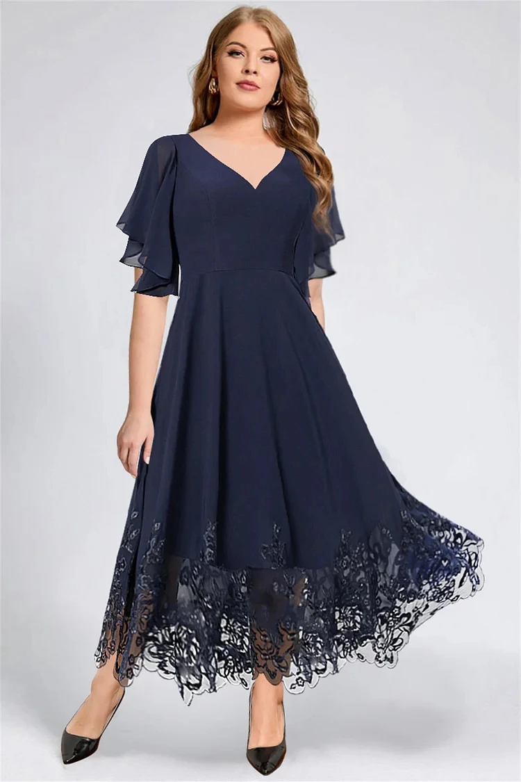 

Flycurvy Mother Of The Bride Navy Blue Chiffon Lace Stitching Flutter Sleeve A-Line Tunic Maxi Dress