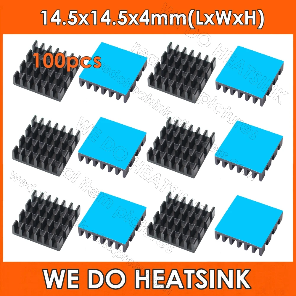 

WE DO HEATSINK 100pcs 14.5x14.5x4mm Black Slotted Aluminum Heatsink Radiator Cooler With Thermal Heat Transfer Adhesive Tape