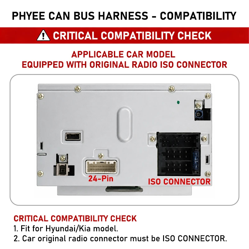 ISO Wiring Harness with CAN Bus Decoder for Hyundai iX35, Sorento, Kia Sportage, SWC Retention, P&P Android 16-Pin Adapter Cable