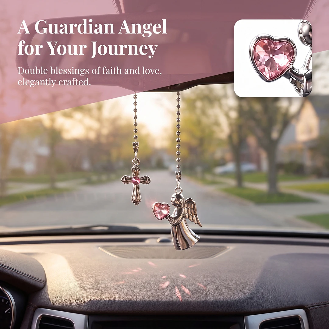 Car Rearview Mirror Hanging Ornament Angel Cross Pink Crystal Alloy Christian Gift Auto Interior Decoration Accessory for Women
