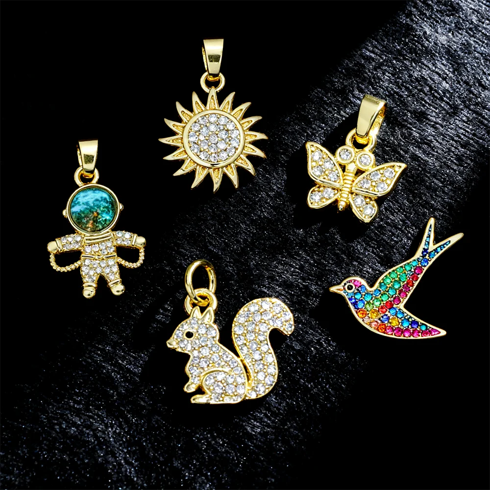 2Pcs Sparkling Pendant Brass Zircon Bird Astronaut Sun Butterfly Squirrel Charm DIY Jewelry Necklace Bracelet Making Accessories