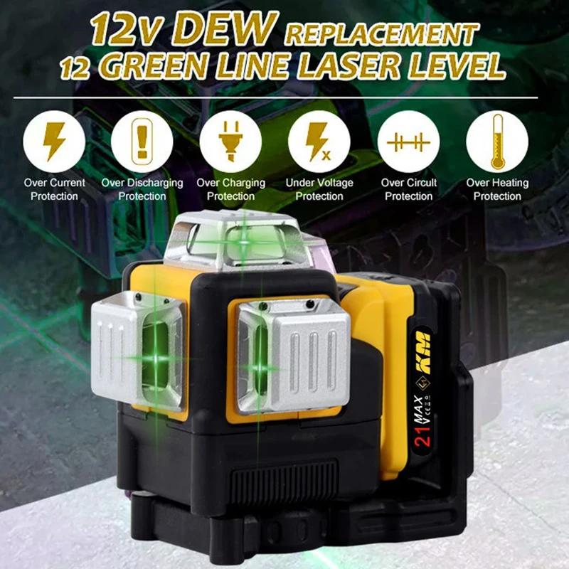 Professional 12 Lines Green Laser Levels 360 ° Self-leveling High Precision Laser Levels Horizontal High Precision Rechargeable