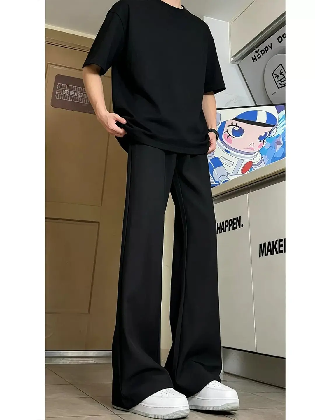 Black Ice Silk Men's Slim Fit Trousers Casual Straight Leg Pants Draping Thin Design Summer Wear Comfortable Breathable
