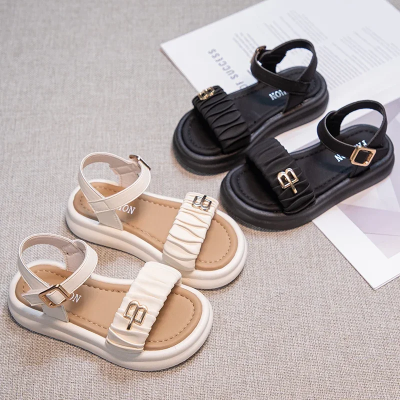 Girls Pleated Sandals Soft Sole Little Kids Princess Sandals Fashion Children Summer Beach Shoes Solid Color Simple 2024 New