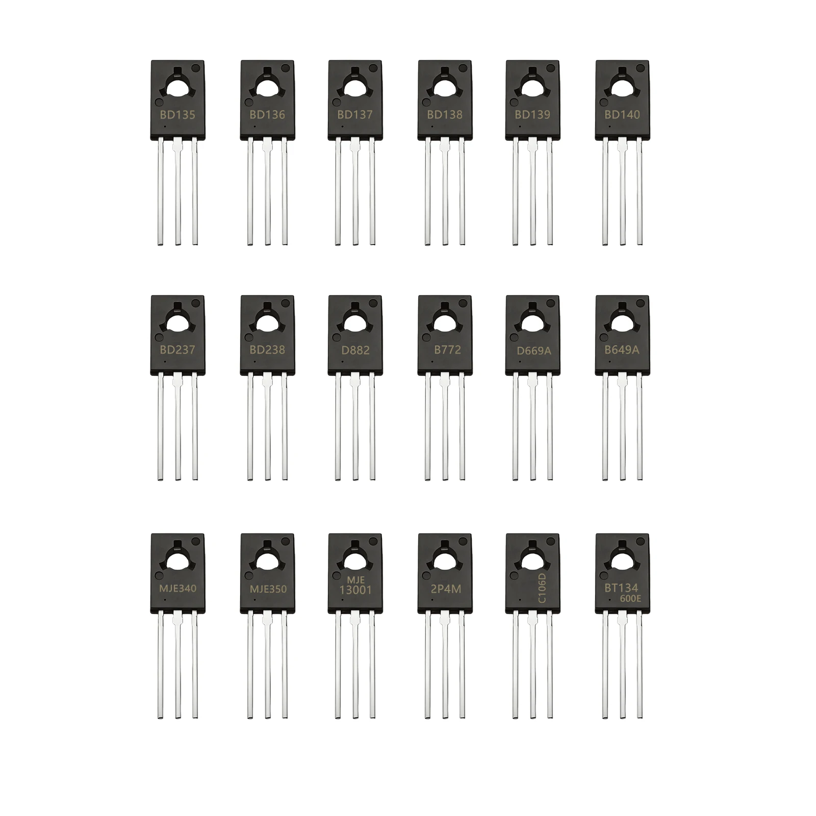 18 Values TO-126 Transistor Thyristor Kit BD137 BD139 BD140 BD237 BD238 2SD882 2SB772 MJE340 MJE350 MJE13003 2P4M C106DG 120 Pcs