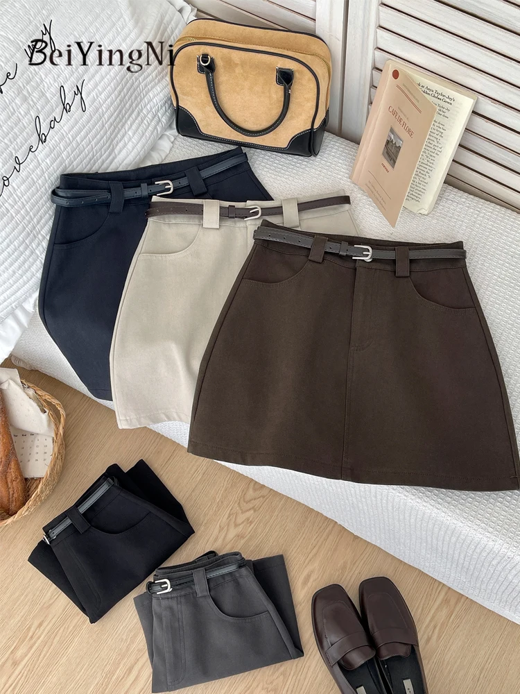 Beiyingni Koreańskie Eleganckie Krótkie Spódnice Damskie Casualowe Wyszczuplające Eleganckie Spódnice z Wysokim Stanem w Kształcie Litery A Uniwersalne Spódnice Garniturowe Damskie na Rok 2025