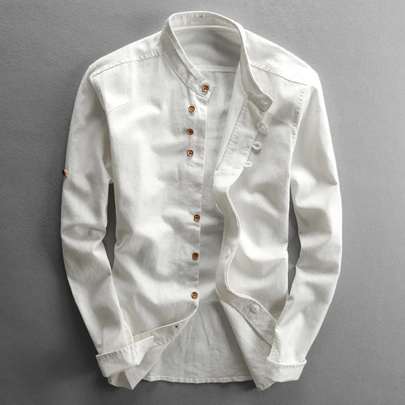 

Men Cotton Linen Shirt Formal Retro Chinese Style Long Sleeve Mandarin Collar Casual Shirts Soft Comfort Clothing Plus Size 7XL