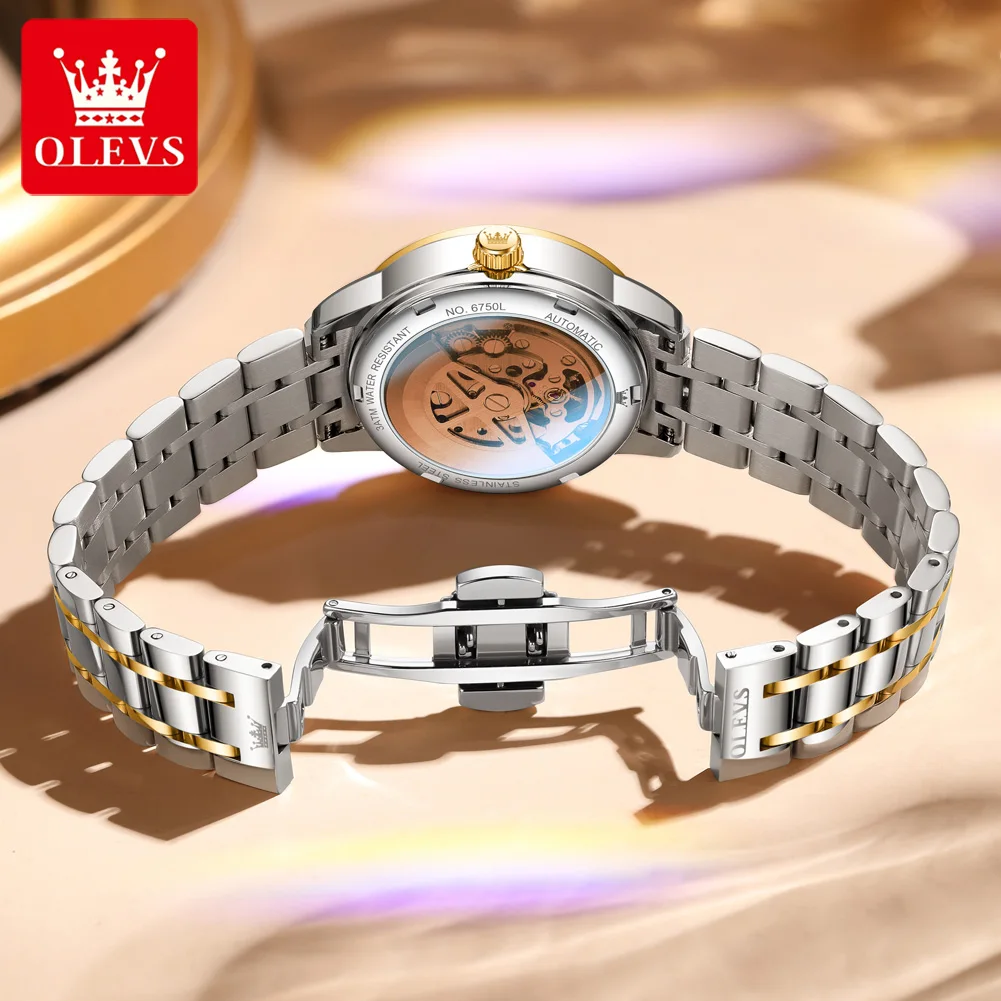 OLEVS 6750 Elegance Women Automatic Mechanical Movement Watch Diamond Bezel Exquisite Dial Night Light Function Watch For Women