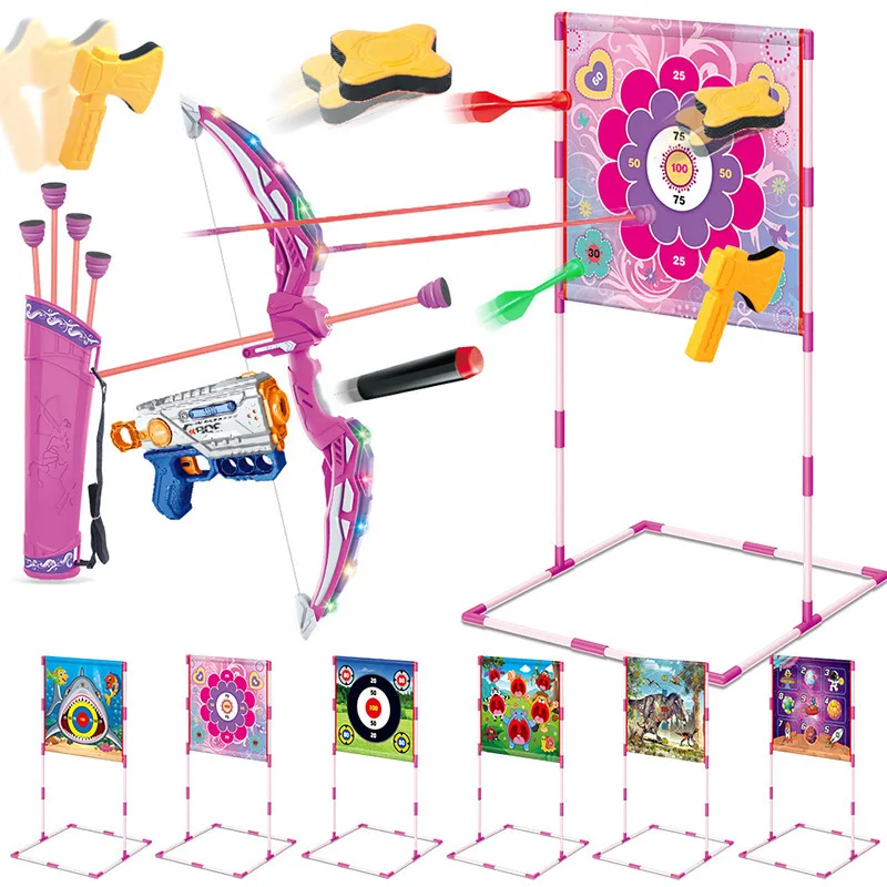 Conjunto de jogo de tiro 3 em 1: pistola de dardo macio e dardos de tiro com arco com placa de alvo brinquedos internos e externos para crianças meninos meninas