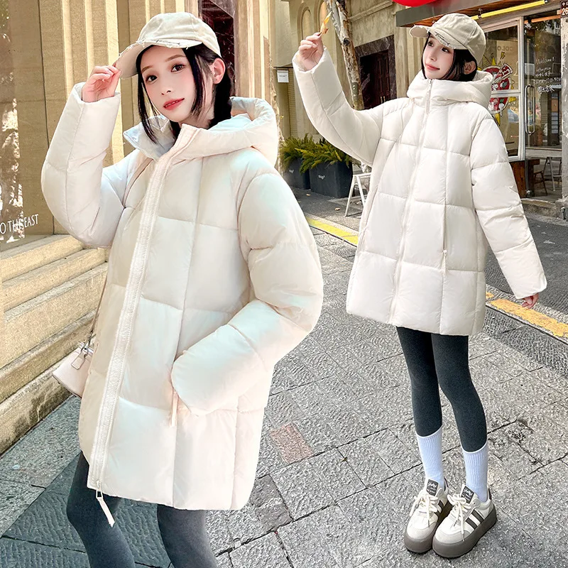 Mulheres leves jaqueta de inverno puff impressão geométrica zíper com capuz engrossado casaco acolchoado para senhora versátil feminino solto jakcet