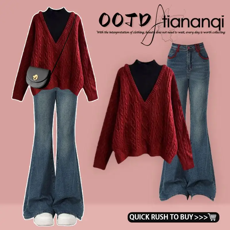 

Women's Knitted Sweater And High Waist Jeans Set High Ne Fake Two-Piece Autumn Winter Faion Long Sve Long Pants Ensemble