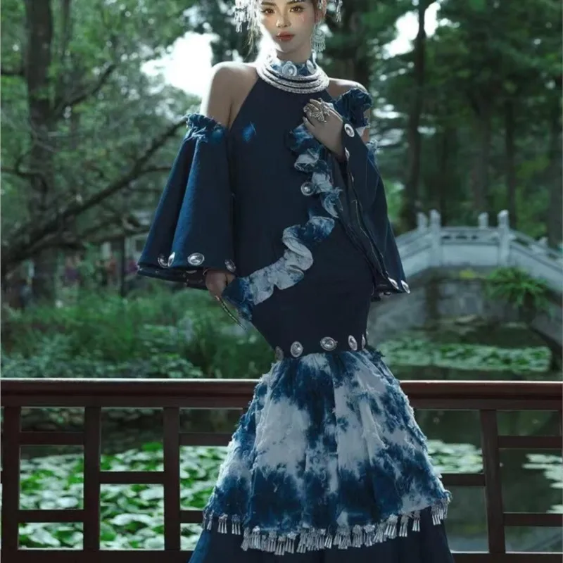 Costumes ethniques teints par nouage, cheongsam, jupes en queue de poisson, robes de soirée, style voyage, photographie et vêtements de portrait