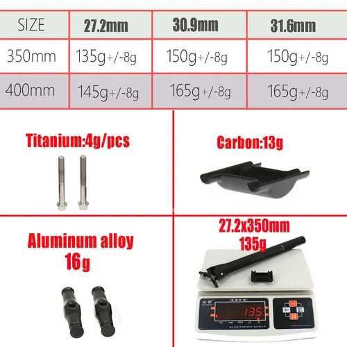 Imagen 2 del producto Elitaone tija de sillín de bicicleta de carbono peso ligero 135g 27,2 30,9 31,6mm de longitud 300/350/400mm tija de sillín de bicicleta de carretera MTB