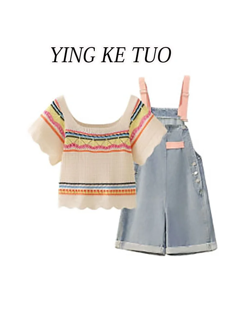 

Summer Fashion Dopaamine Small Size Women's Clothing Vivacious Anti-Aging Top Meat Covering Denim Overalls Slimming Two-Piece...