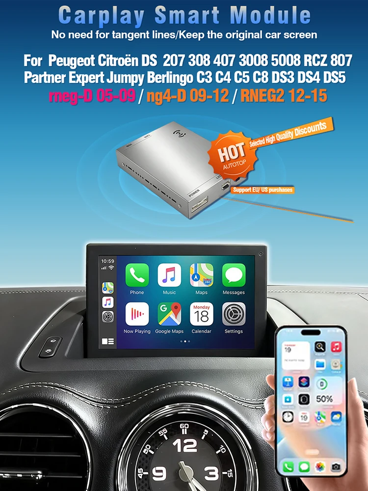 AUTOTOP Draadloze CarPlay Android Auto Interface Retrofit Kits voor Peugeot Citroen DS RNEG NG4 RNEG2 207 308 407 3008 5008 C3 RCZ - afbeelding 2