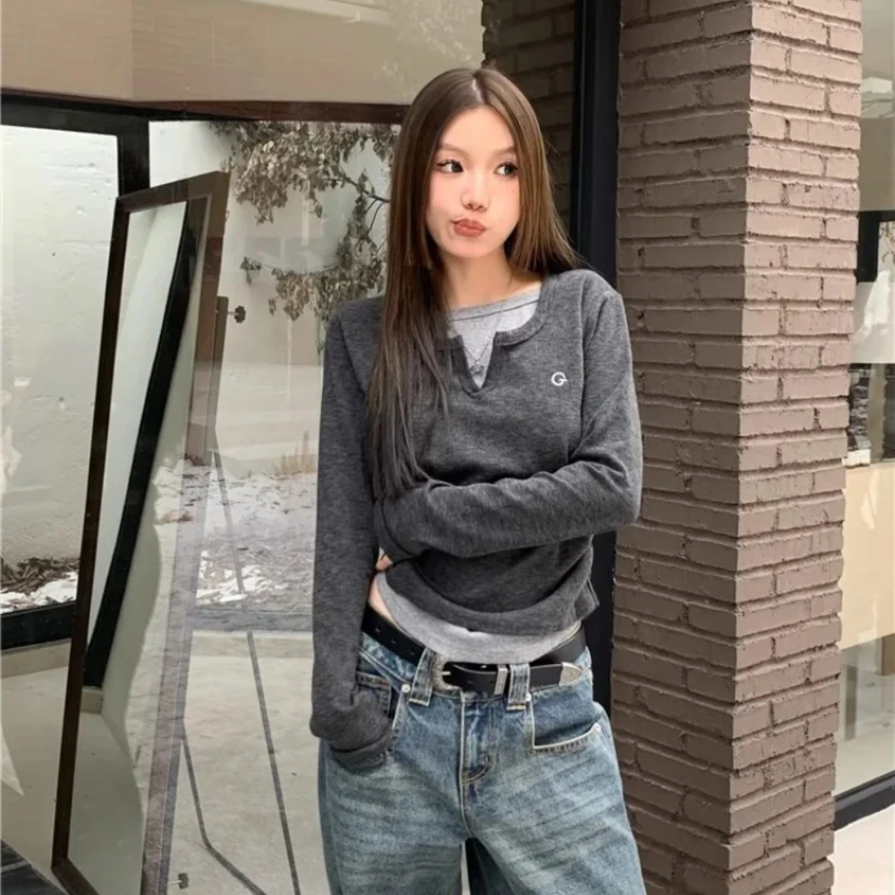 Korean Fake Two Piece Long Sleeve Tshirt For Women Autumn Winter O-neck Casual Slim Basic Layering Ladies Fashion Tee Tops