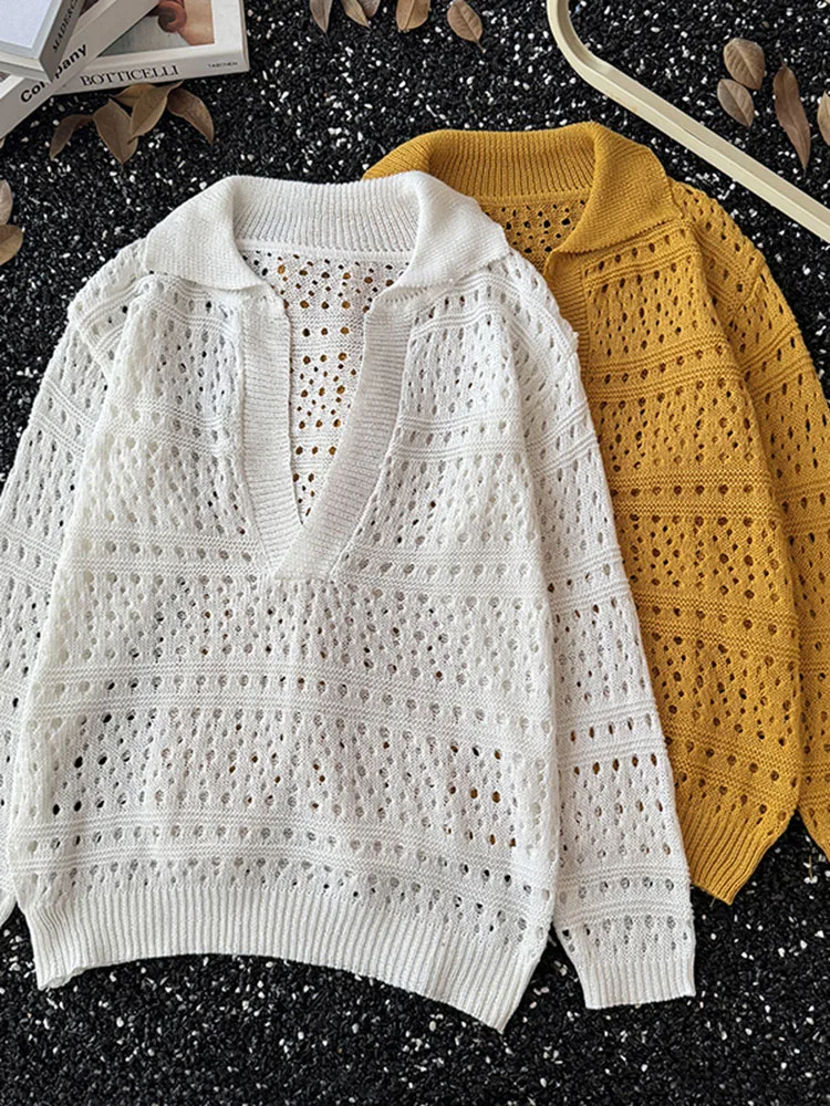 

Американский ажурный вязаный топ для мужчин, модный уличный свитер с v-образным вырезом и защитой от солнца, весенне-осенний повседневный свободный вязаный топ