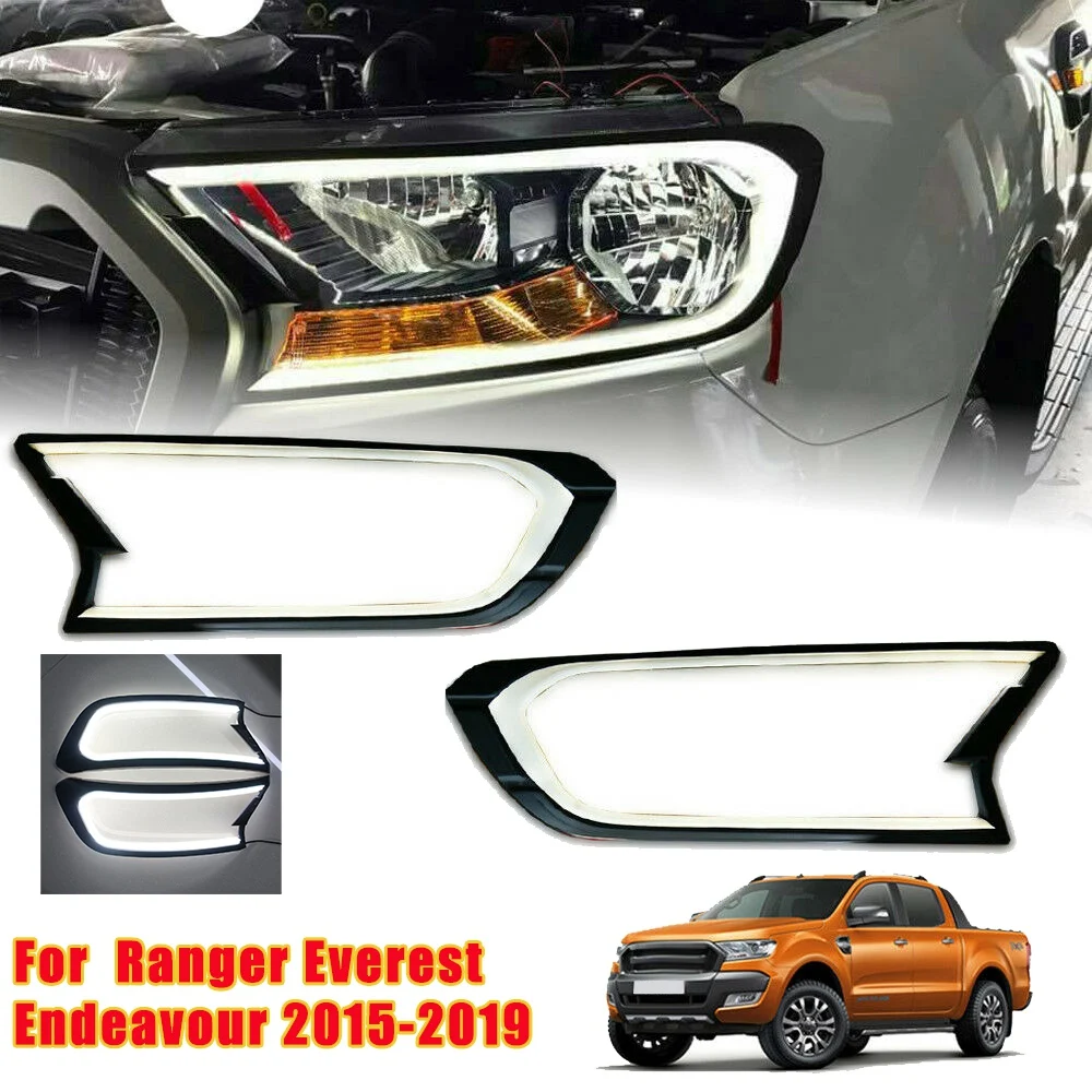 Black DRL HeadLight LED Cover Trim Lamp Hood Daytime Running Light for Ford Ranger Everest Endeavour 2015-2019