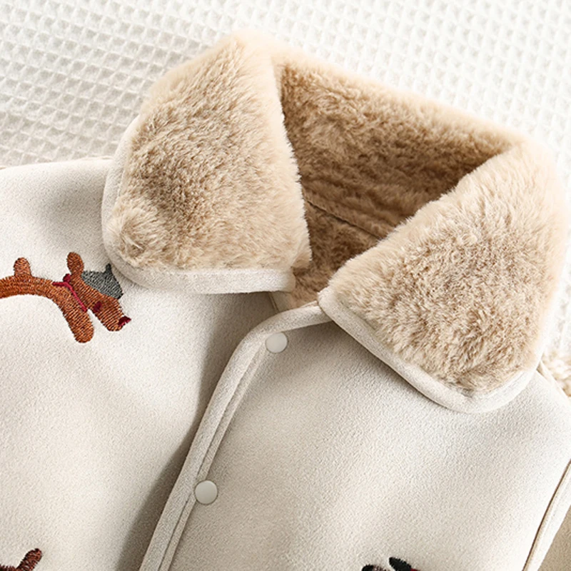 IYEAL Baby Fleece Lined Romper Cute Cartoon Puppy Embroidery Long Sleeve Button Jumpsuit Thick Warm Newborn Autumn Winter Romper